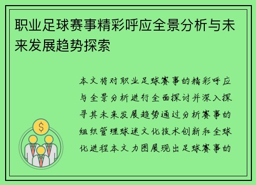 职业足球赛事精彩呼应全景分析与未来发展趋势探索