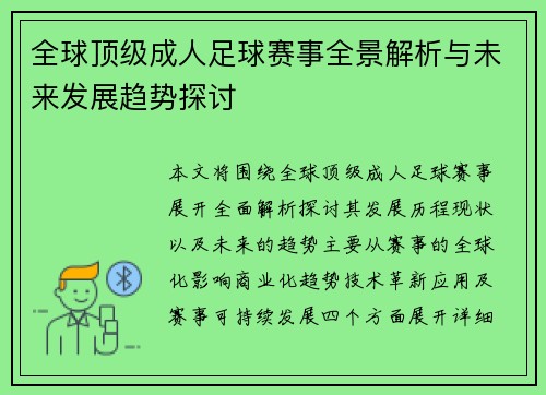全球顶级成人足球赛事全景解析与未来发展趋势探讨