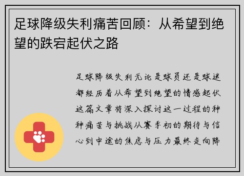 足球降级失利痛苦回顾：从希望到绝望的跌宕起伏之路
