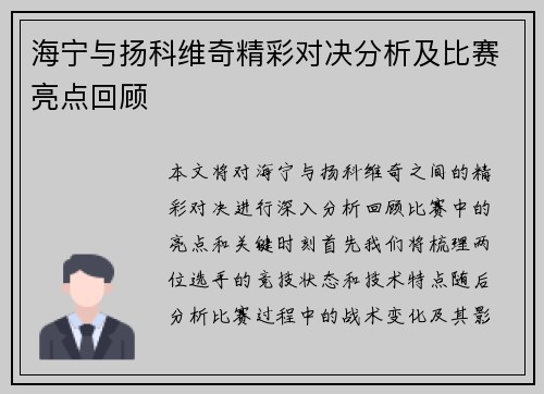 海宁与扬科维奇精彩对决分析及比赛亮点回顾