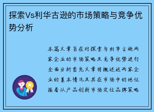 探索Vs利华古逊的市场策略与竞争优势分析