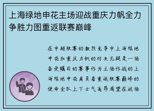 上海绿地申花主场迎战重庆力帆全力争胜力图重返联赛巅峰