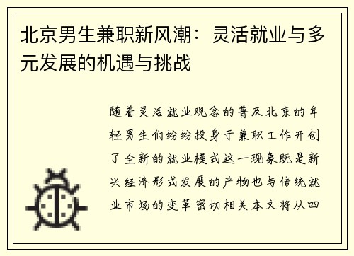 北京男生兼职新风潮：灵活就业与多元发展的机遇与挑战