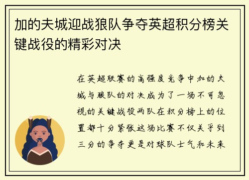 加的夫城迎战狼队争夺英超积分榜关键战役的精彩对决