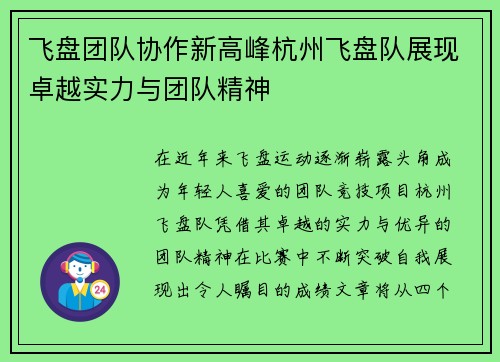 飞盘团队协作新高峰杭州飞盘队展现卓越实力与团队精神