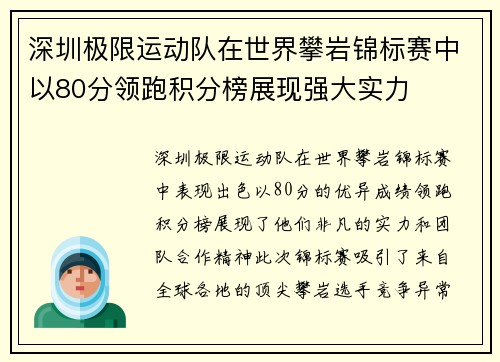 深圳极限运动队在世界攀岩锦标赛中以80分领跑积分榜展现强大实力